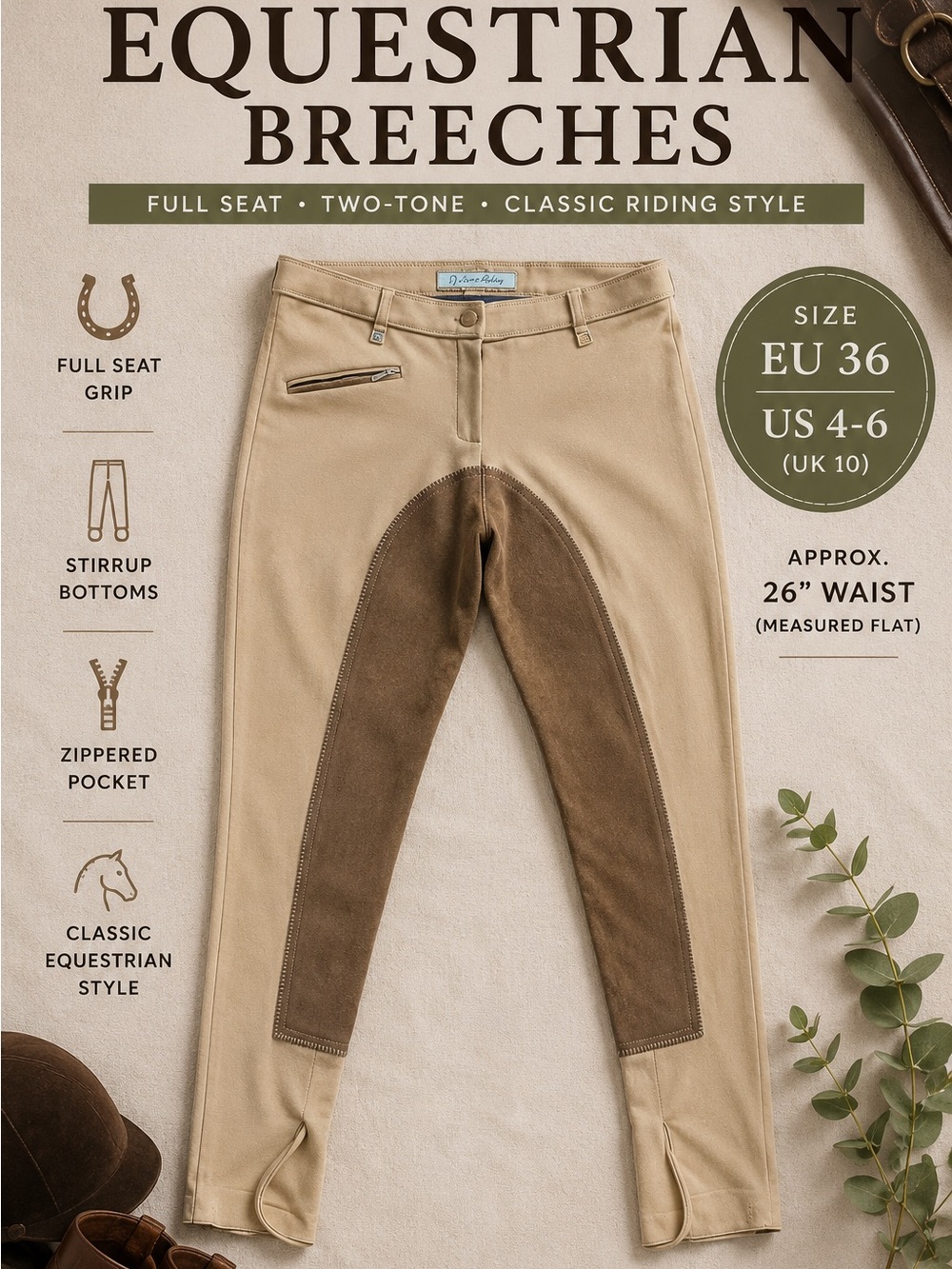 Vintage TCM Horseriding Full Seat Equestrian Breeches Tan Brown EU 36 US 4-6